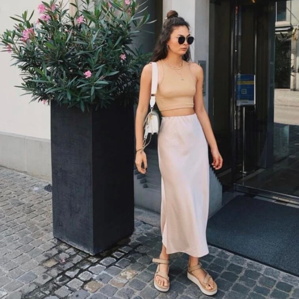 Shein satin midi skirt in beige